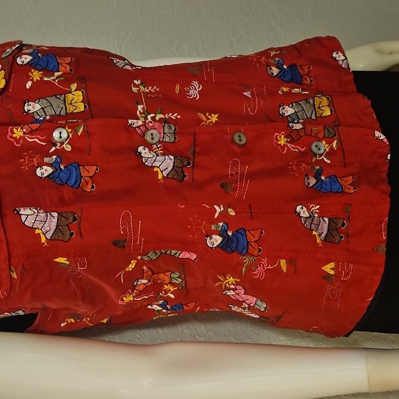 CHICO'S Red Asian Men Embroidered Sleeveless Button Down Silk Shirt - Picture 5 of 7